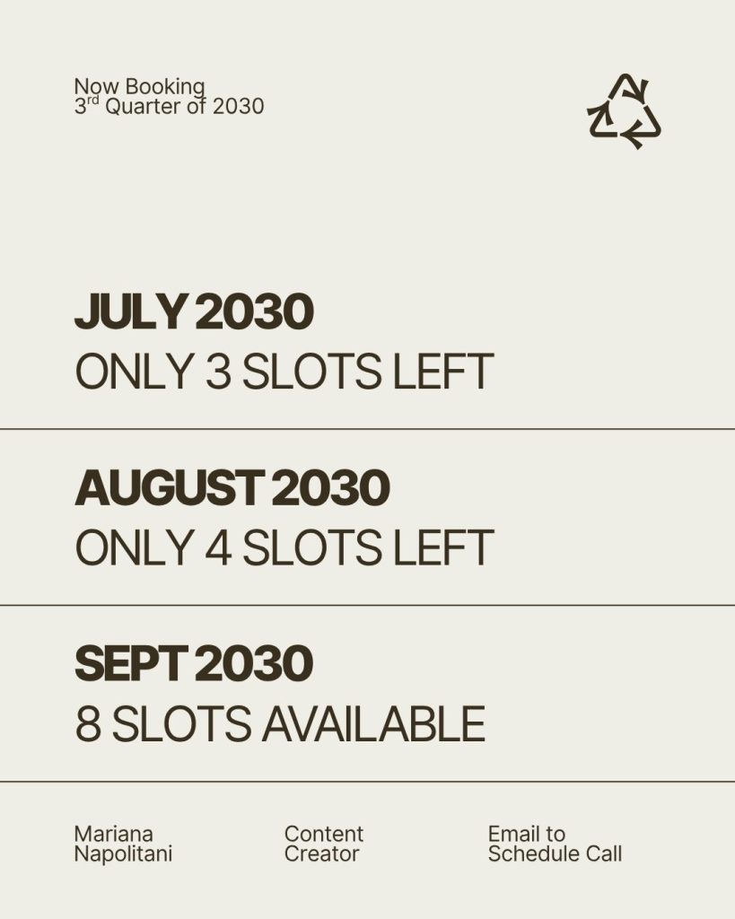Beige minimalist Canva template listing booking availability for July, August, and September 2030 with remaining slots; includes text “Now Booking 3rd Quarter of 2030” and contact info for Mariana Napolitani; free Canva template for UGC, VA, and personal brand schedules.