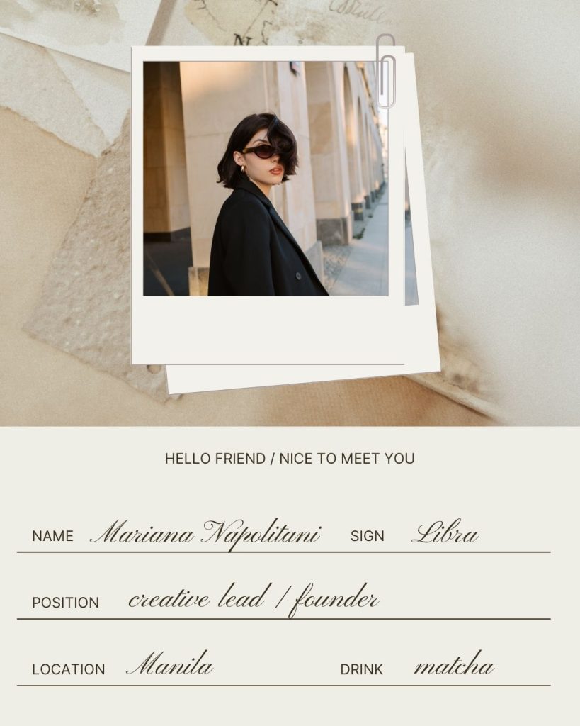Beige minimalist Canva template introducing Mariana Napolitani as creative lead and founder, with a Polaroid-style photo of a woman in black coat and sunglasses; free Canva template for UGC, VA, and personal brand bios.