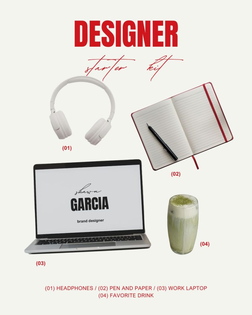 Minimalist Canva template titled ‘Designer Starter Kit’ featuring flat-lay images of white headphones, a red notebook with pen, a laptop displaying a brand designer logo, and a matcha drink on a beige background with bold red typography.