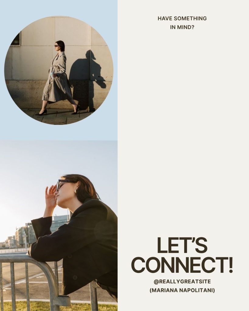 Beige and light blue Canva template with photos of a woman in trench coat walking and leaning on railing in black coat, text “Have Something in Mind?” and “Let’s Connect!”; free Canva template for UGC, VA, and personal brand contact posts.