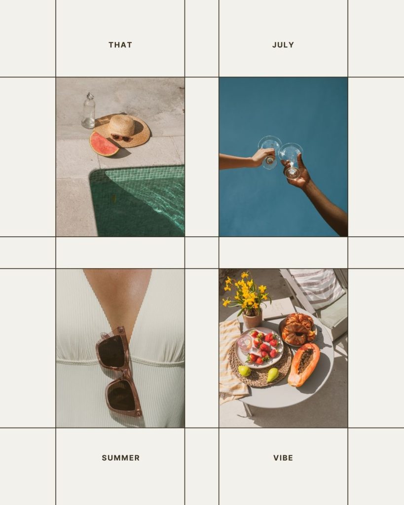 Beige Canva template mood board with six-photo grid showing poolside watermelon, clinking glasses, sunglasses on swimsuit, and summer brunch; text reads “That July Summer Vibe”; free Canva template for UGC, VA, and personal brand summer mood boards.