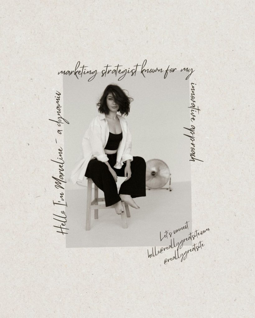 Minimal beige Canva template featuring a black-and-white photo of a woman sitting on a stool, handwritten text highlighting a marketing strategist’s innovative approach, and contact details in modern script typography.