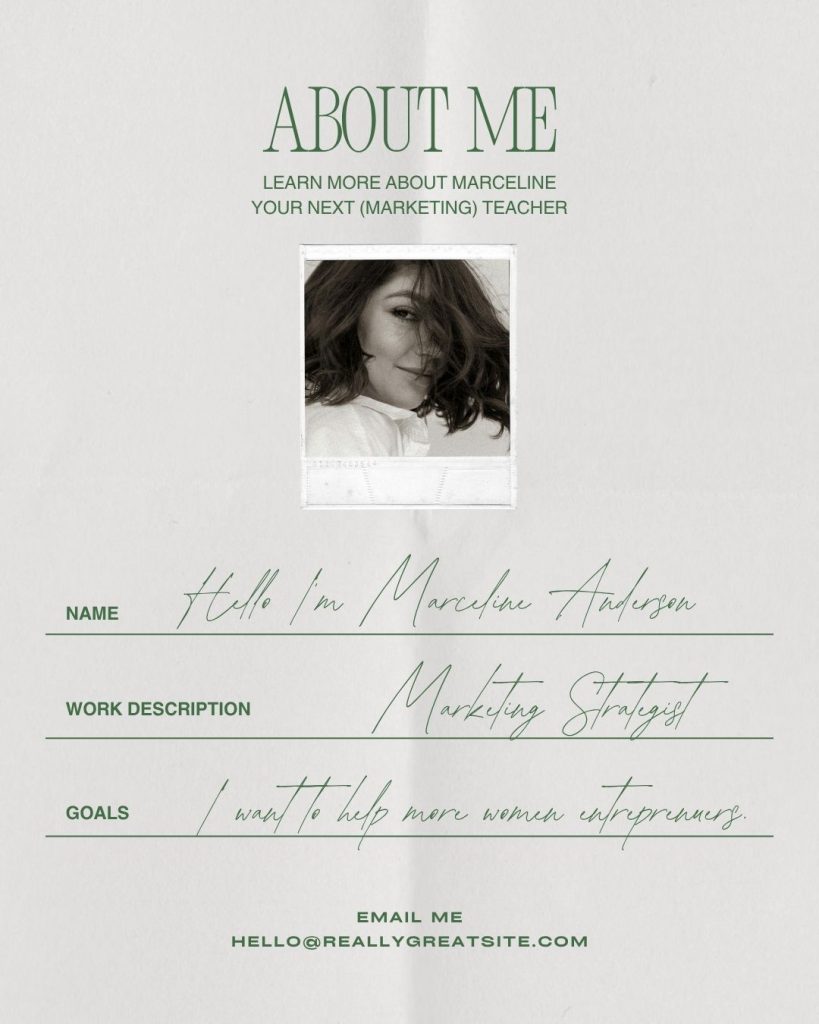 Minimal beige and green Canva template for an ‘About Me’ post featuring elegant serif and handwritten typography, a black-and-white Polaroid photo, and sections for name, work description, and goals.