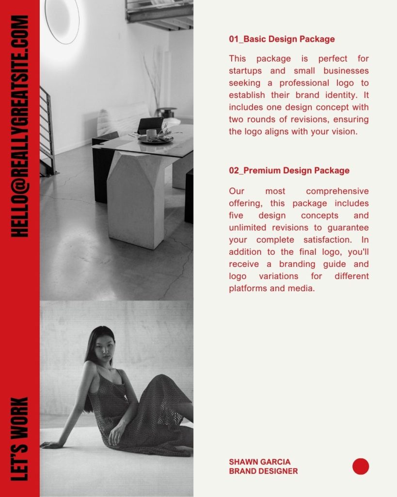 Modern Canva template with beige and red color scheme showcasing design service packages, featuring bold vertical text, black-and-white photos of a workspace and model, and descriptions of basic and premium branding packages.