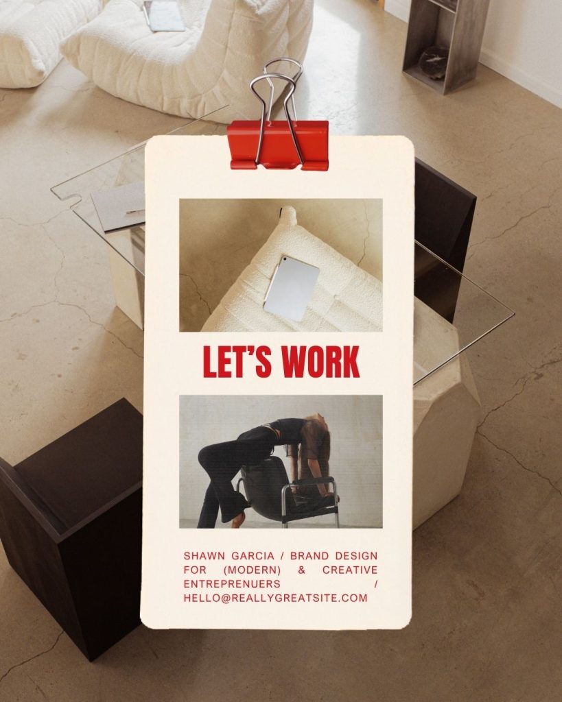 Modern Canva template with beige and red color scheme showcasing design service packages, featuring bold vertical text, black-and-white photos of a workspace and model, and descriptions of basic and premium branding packages.