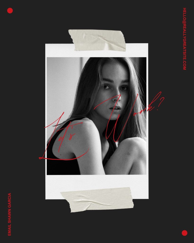 Moody black Canva template with Polaroid-style portrait, handwritten red ‘Let’s Work?’ text, and grunge tape details for creative portfolio or promo use.
