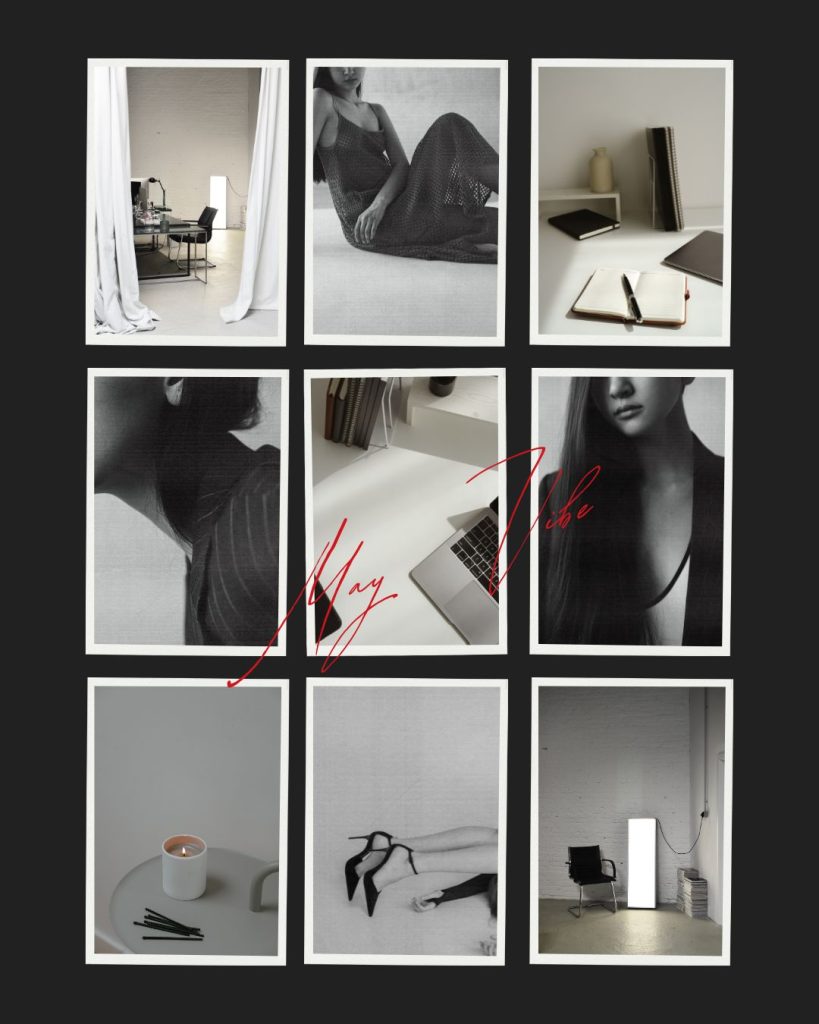 Editorial-style Canva template featuring a black background and a 3x3 photo grid collage labeled ‘My Vibe,’ with a mix of monochrome portraits, workspace setups, fashion elements, and minimal lifestyle shots.