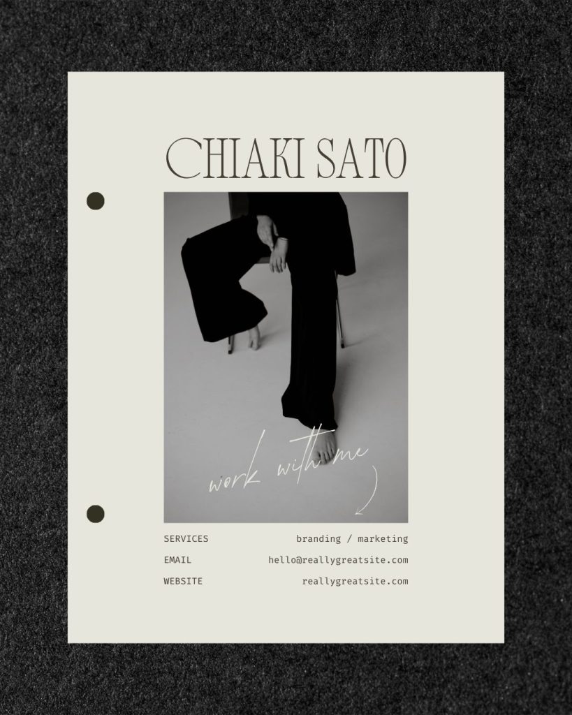 Minimalist black and white marketing services post with elegant serif typography, a monochrome photo of a person in black pants, and contact details for branding and marketing services.