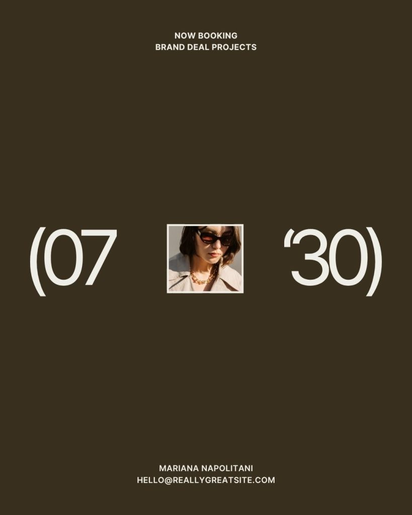 Minimalist brown Canva template with “Now Booking Brand Deal Projects” text, large dates “07” and “30,” and a photo of a woman in sunglasses; free Canva template for UGC, VA, and personal brand use.