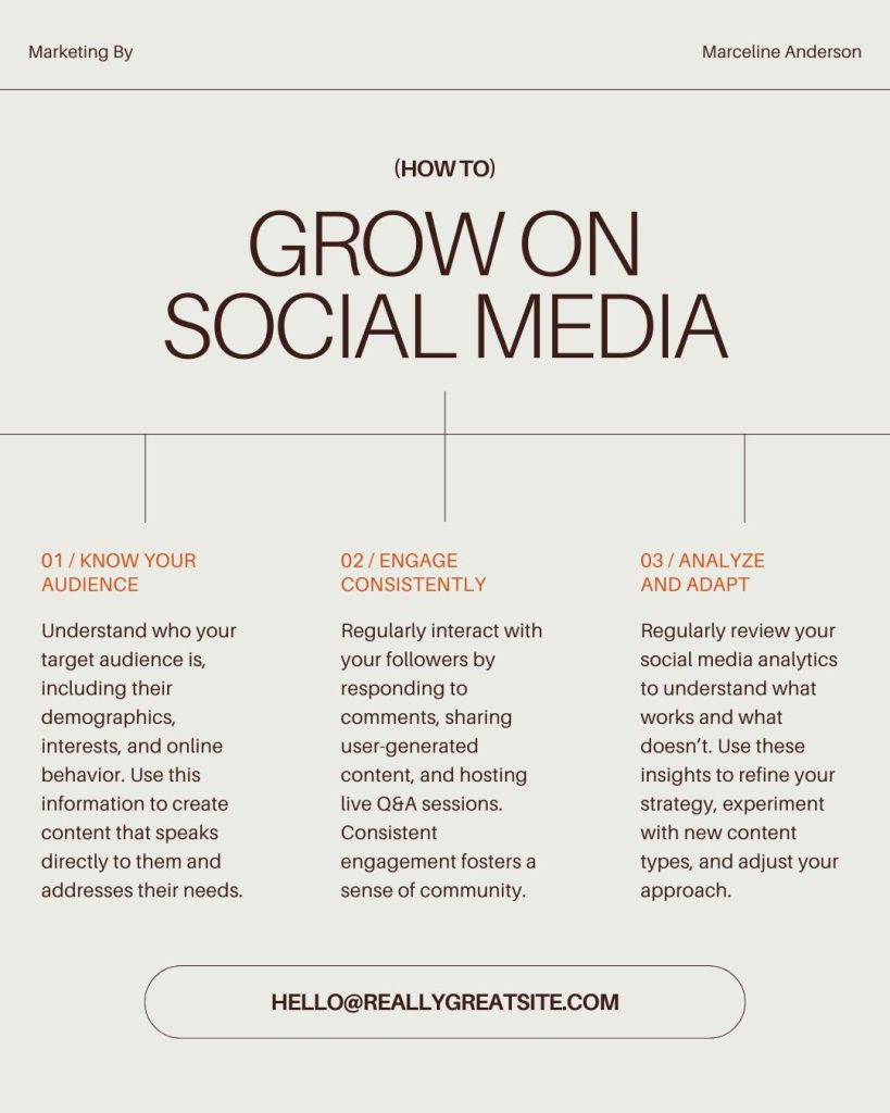 Minimalist Canva template with bold brown typography detailing three steps to grow on social media—know your audience, engage consistently, and analyze and adapt—set on a neutral beige background with clean grid layout.