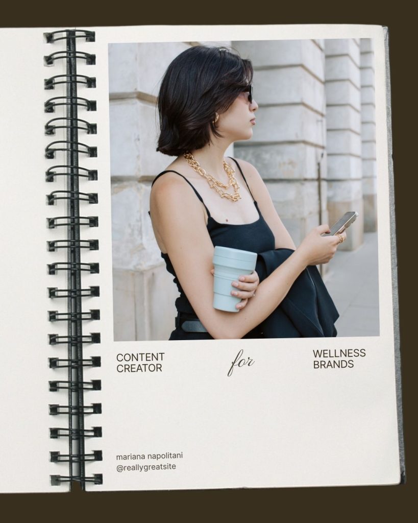 Beige Canva template styled as an open notebook with a photo of a woman in black top holding coffee and phone, text “Content Creator for Wellness Brands”; free Canva template for UGC, VA, and personal brand portfolios.