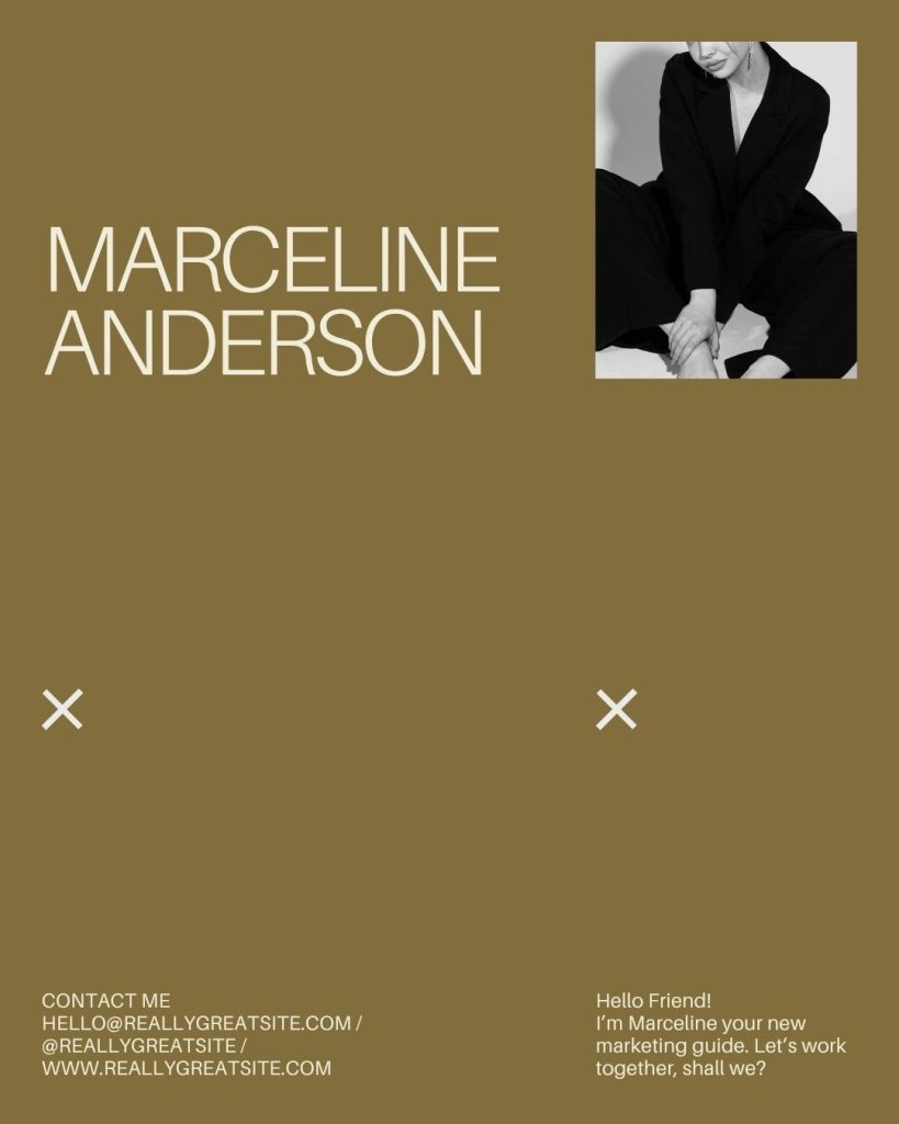 inimalist Canva template with bold white typography on a muted olive background, black-and-white photo of a woman in a suit, and text inviting collaboration with contact details for marketing services.