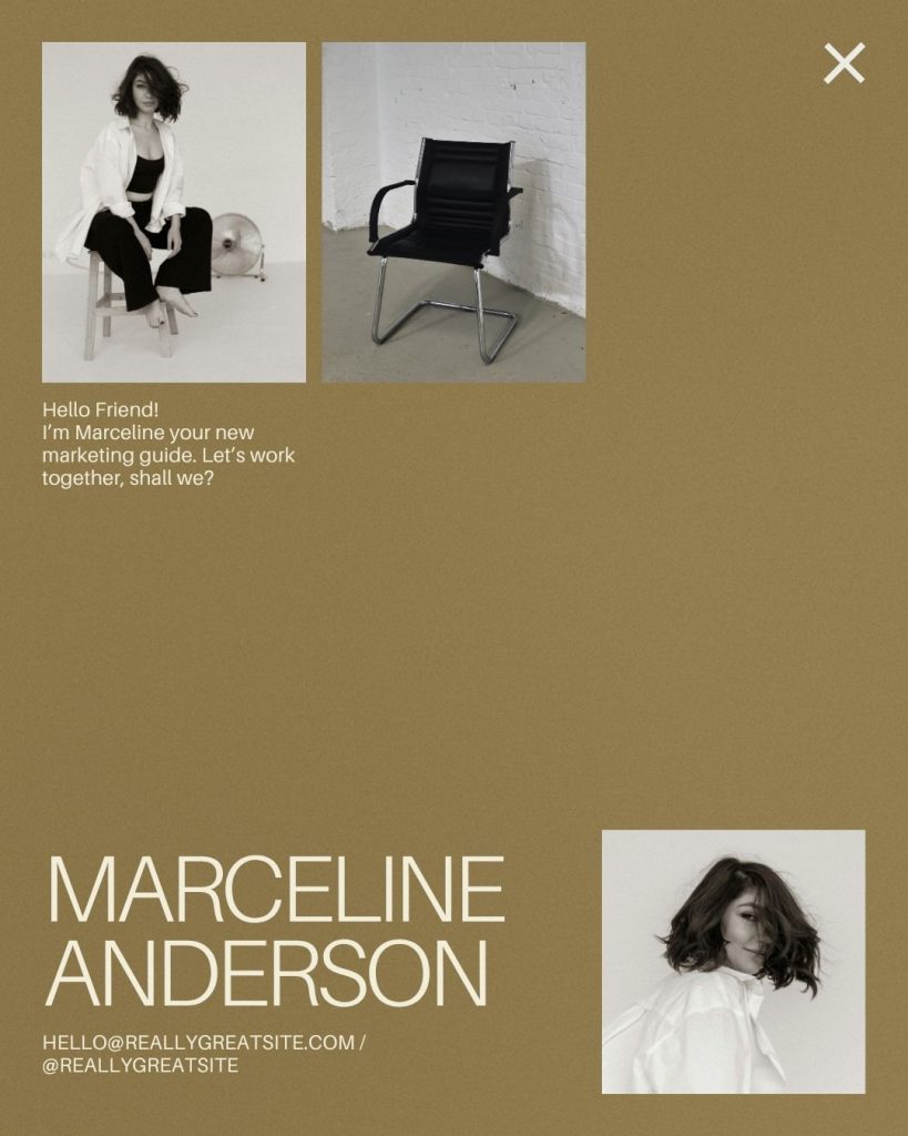 Minimalist Canva template with bold beige typography on a muted brown background, featuring black-and-white photos of a woman and a chair, introducing a marketing guide with contact details.