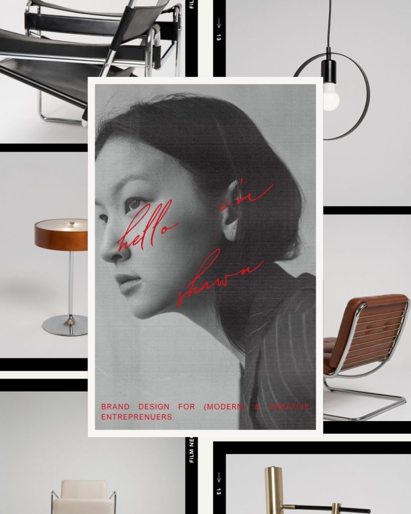 Monochrome Canva template for personal brand designers with collage layout, bold red handwritten text, and modern furniture accents.