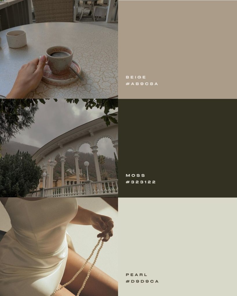 Minimalist Canva template for a mood board color palette post featuring three earthy tones—beige, moss, and pearl—with corresponding hex codes and aesthetic photos of coffee, architecture, and pearls in a grid collage.
