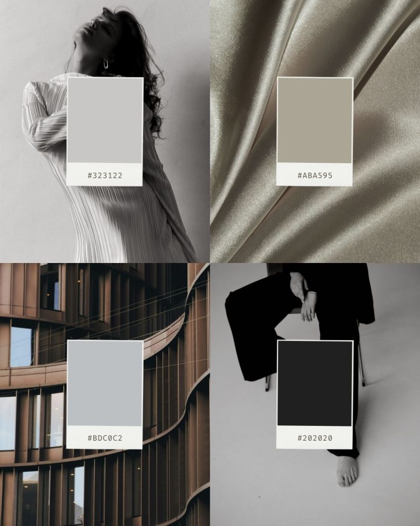 Editorial-style Canva template showcasing a monochrome color palette with four aesthetic photos paired with color swatches and hex codes, featuring fashion, satin fabric, modern architecture, and minimal portraits