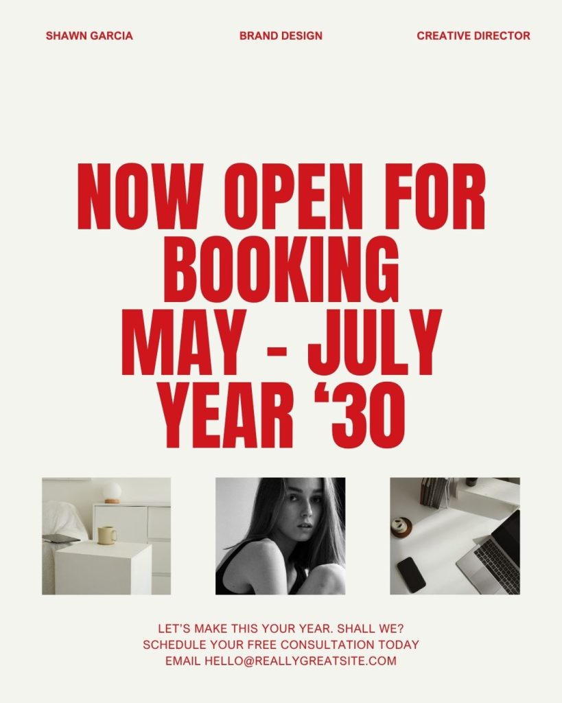 Minimal Canva template with bold red typography announcing booking availability for May to July, featuring neutral workspace and portrait photos.