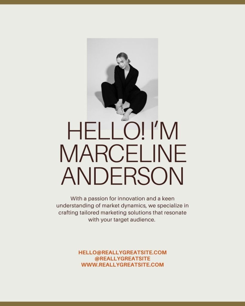 Neutral minimalist Canva template with bold brown typography introducing a marketing professional, black-and-white portrait of a person sitting, and contact information for marketing services on a beige background.