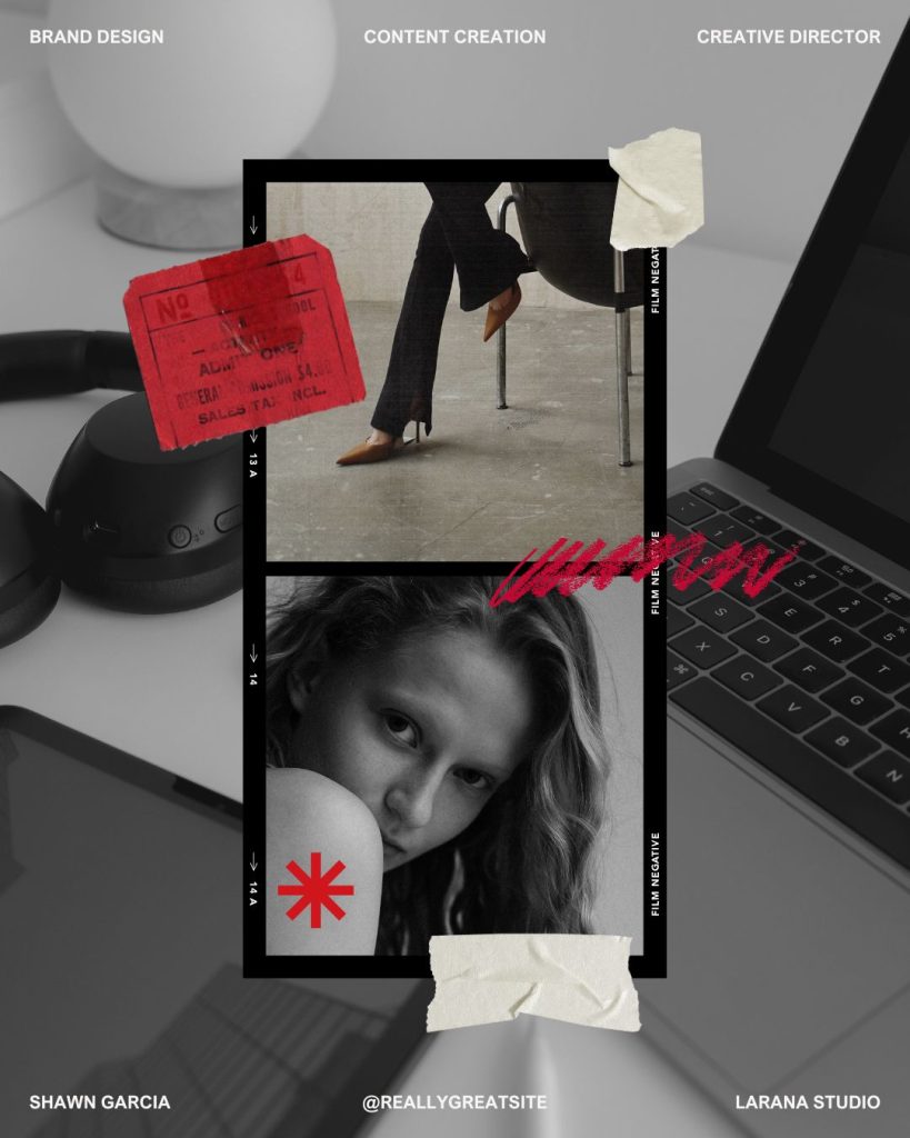 Grunge-style Canva template with collage layout, film frame effect, bold red accents, and creative branding elements for content creators and directors.