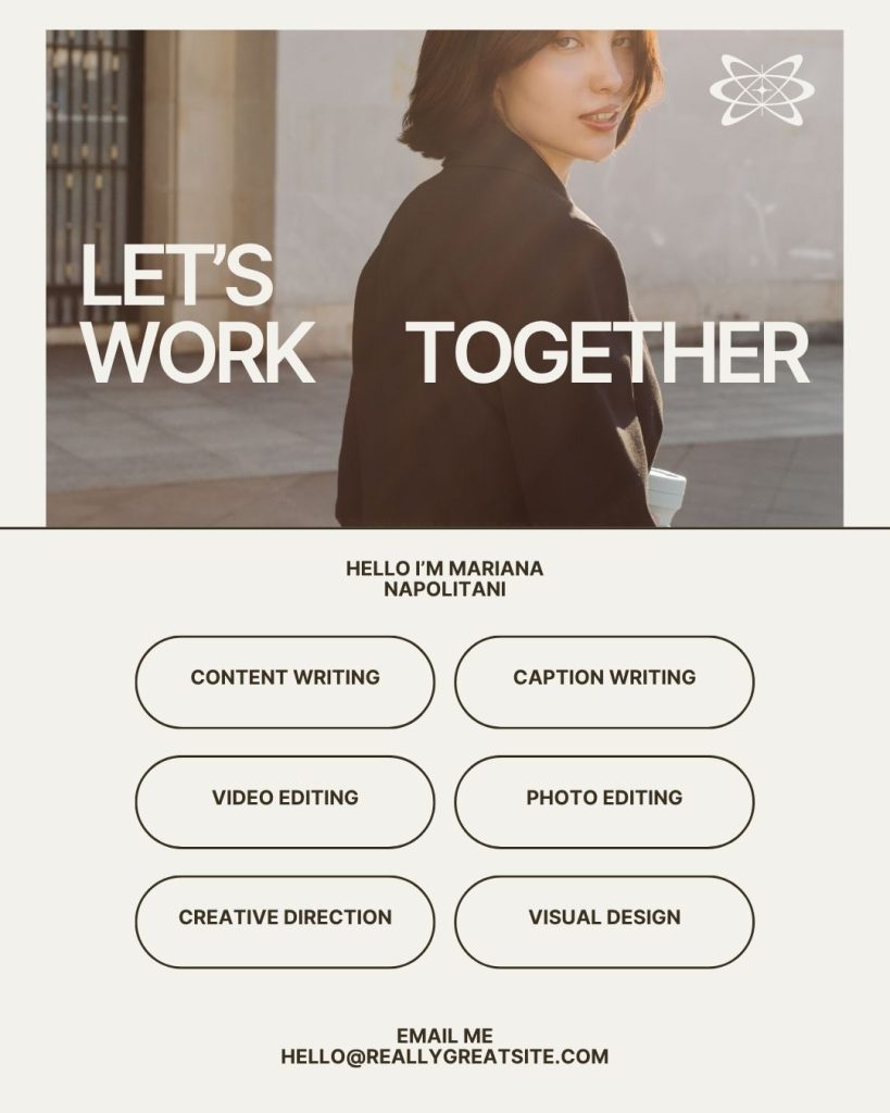 Neutral minimalist Canva template with photo of a woman in black coat, text “Let’s Work Together,” and service buttons for content writing, caption writing, video editing, photo editing, creative direction, and visual design; free Canva template for UGC, VA, and personal brand service offers.