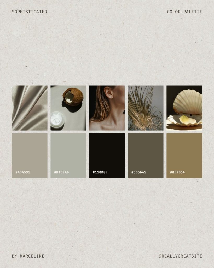 Neutral minimalist Canva template showcasing a sophisticated color palette with six earthy tones, corresponding photos of textures and natural elements, and hex color codes on a beige textured background.