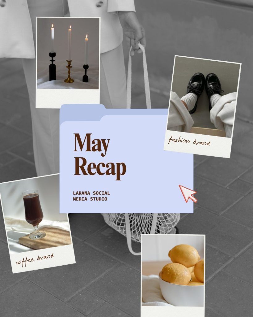 Free Canva template for a monthly recap Instagram post, featuring a modern collage design with a pastel purple folder element in the center. Surrounded by Polaroid-style photo frames showing lifestyle images like candles, coffee, lemons, and fashion shoes. Perfect for social media studios, content creators, and small businesses to share monthly updates or brand highlights.