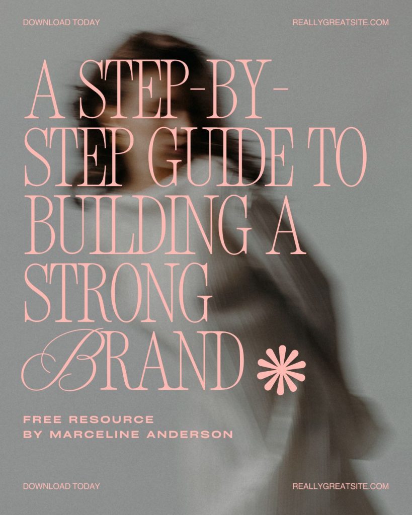 Soft pink Canva template with blurred photo of a woman in motion and large text “A Step-by-Step Guide to Building a Strong Brand,” promoting free resource by Marceline Anderson; free Canva template for UGC, VA, and personal brand announcements.