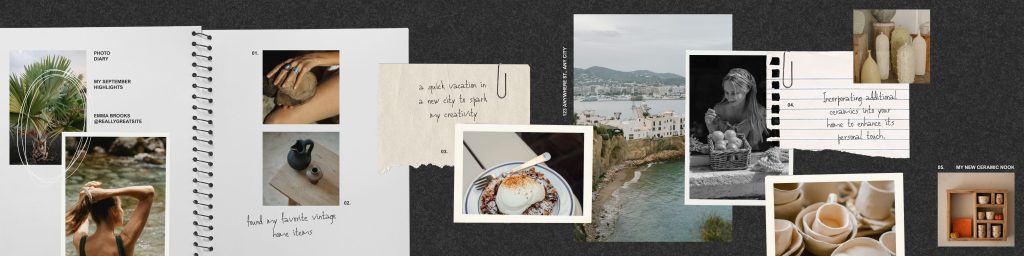 Black scrapbook carousel titled “My September Highlights,” with a spiral notebook, torn paper notes, and photos of travel, food, and ceramics flowing across the slides.