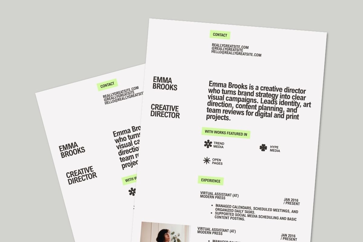 Black and Light Green Bold Minimalist Creative Director Free Canva Resume