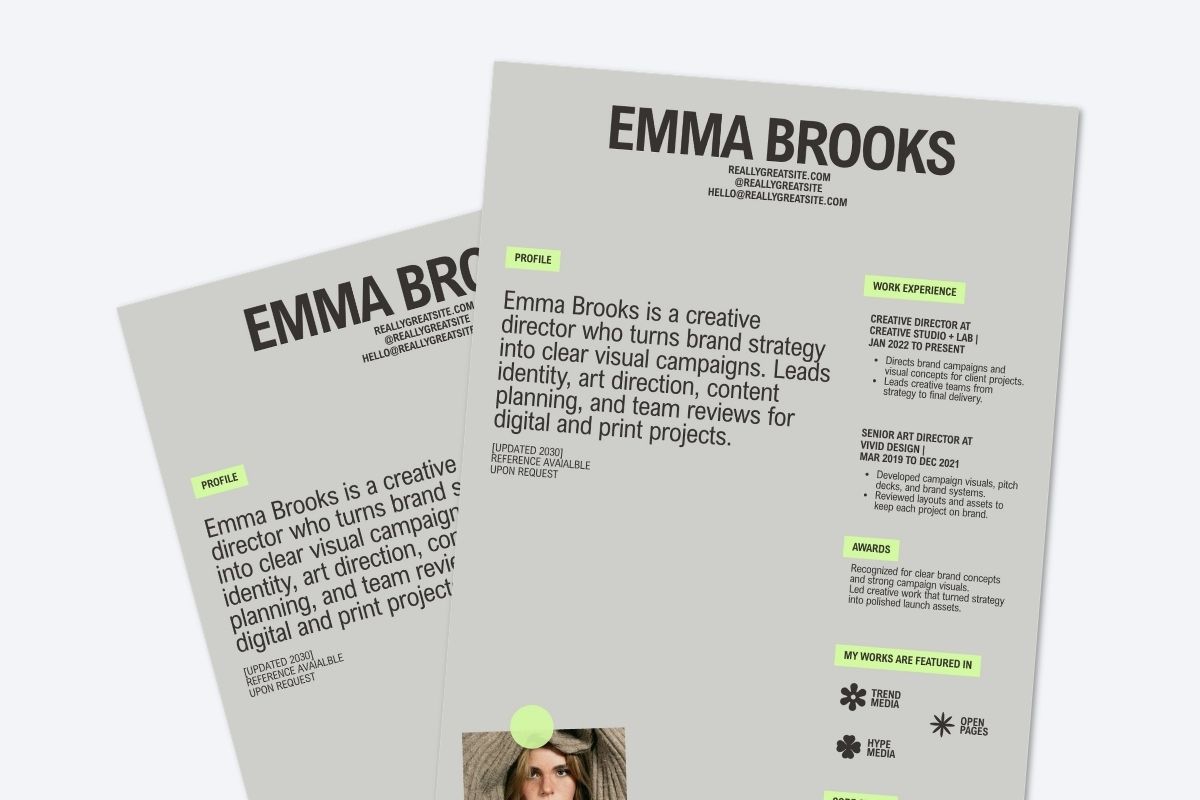 Free Canva Template Gray and Green Bold Minimalist Creative Director Resume