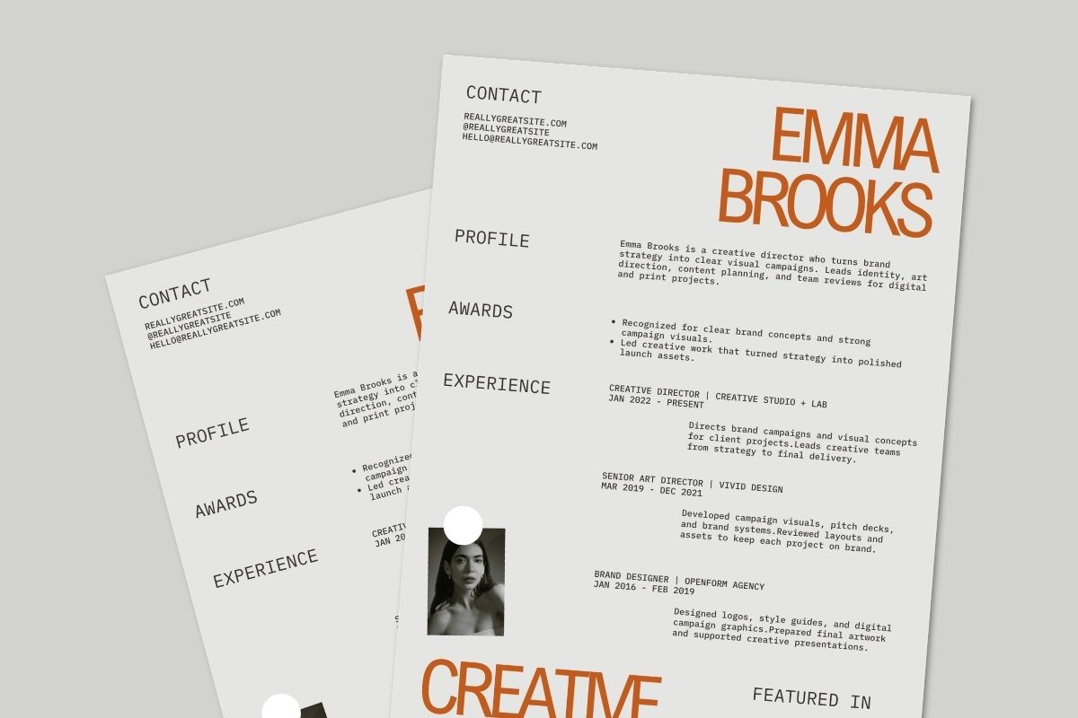 Gray and Orange Bold Minimalist Creative Director Free Resume Canva Template