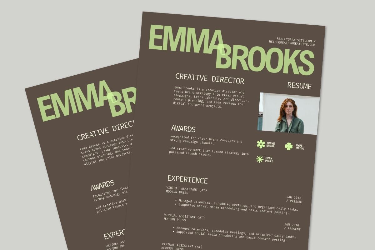 Brown and Green Bold Minimalist Creative Director Free Canva Resume